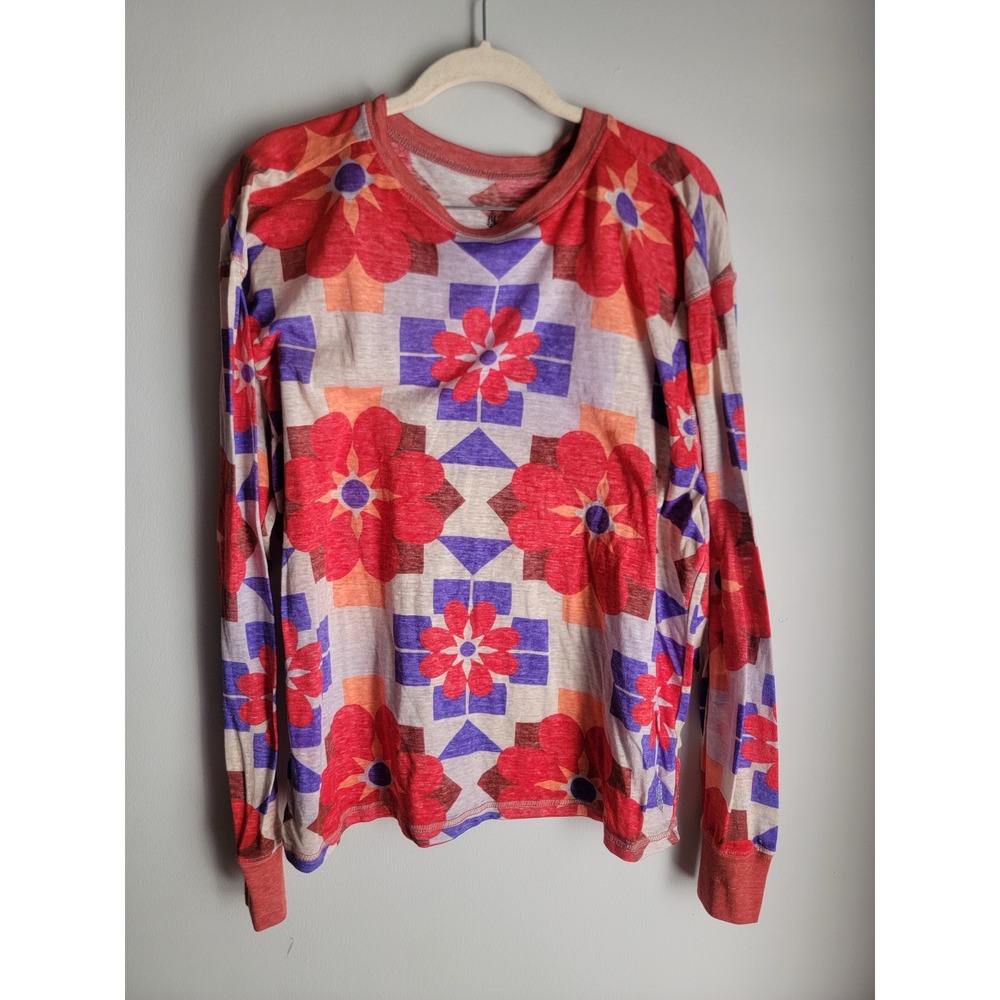 FP Movement Free People Red Floral Geometric Long Sleeve Top Medium